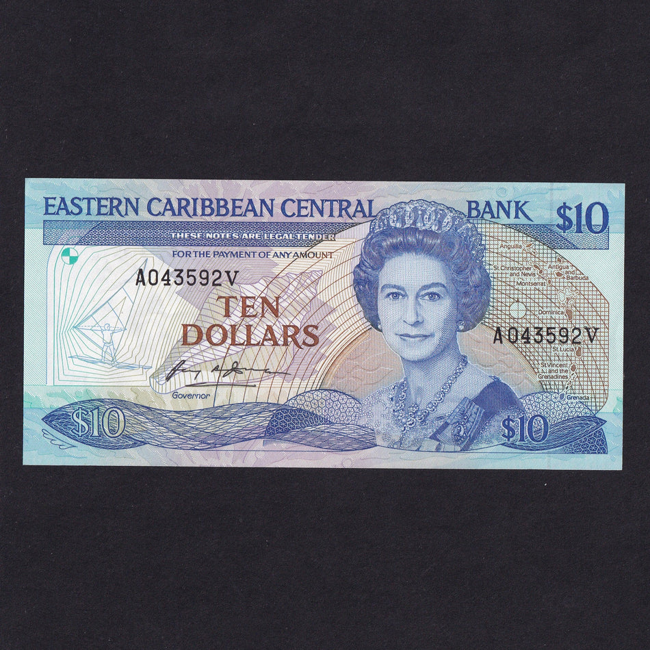 East Caribbean (P23V1) $10, St Vincent, A043592V, Anguilla names, signature 1, UNC