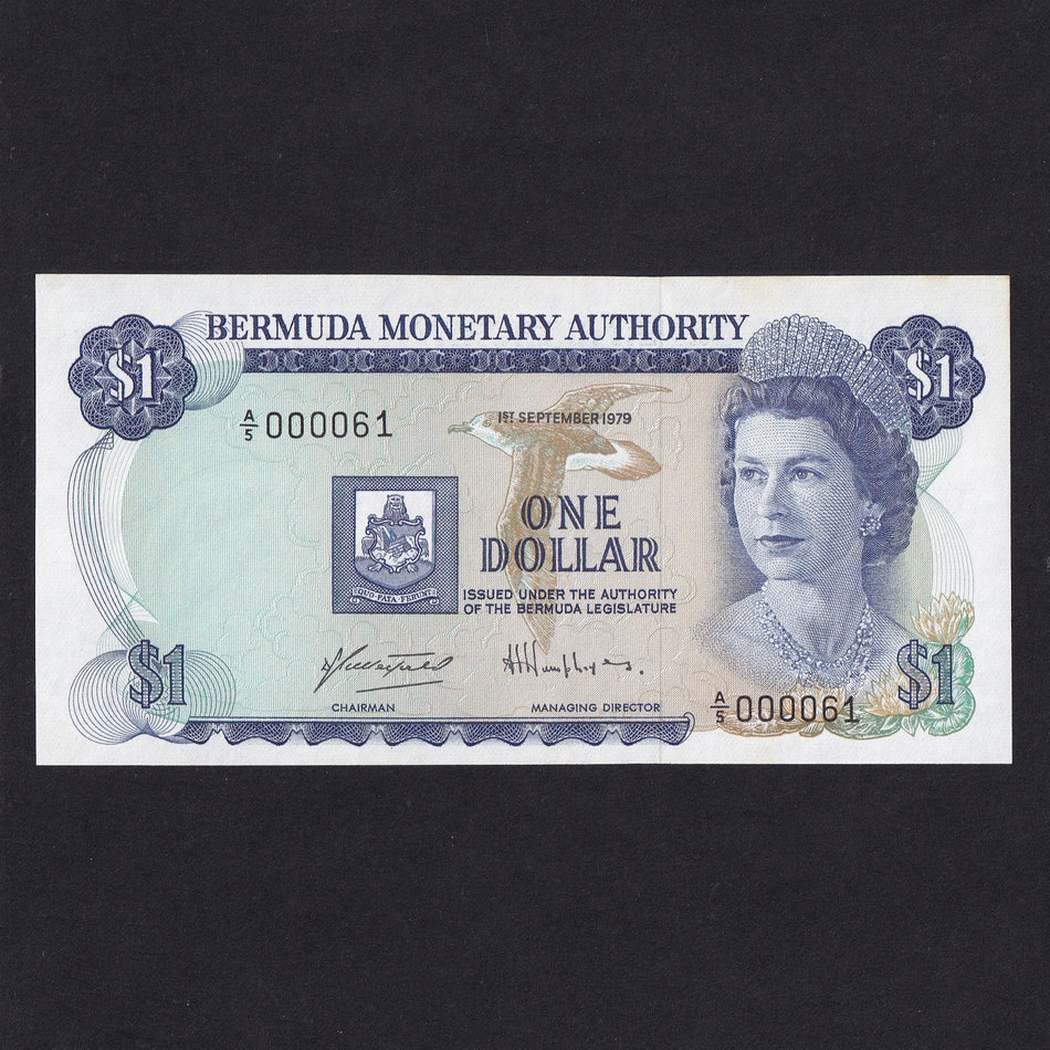 Bermuda (P28d) $1, 1st September 1979, Bermuda Monetary Authority, A/5 000061, this is note 61 of signature series as series starts at A/5, EF