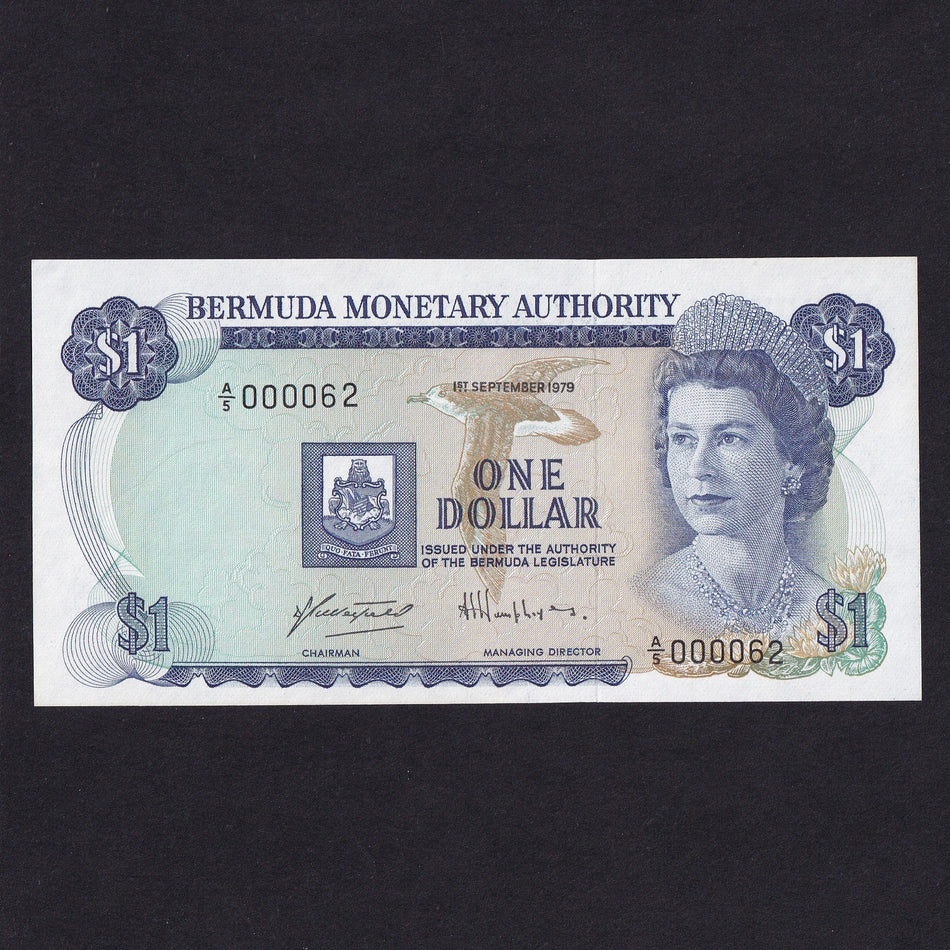 Bermuda (P28d) $1, 1st September 1979, Bermuda Monetary Authority, A/5 000062, this is note 62 of signature series as series starts at A/5, UNC