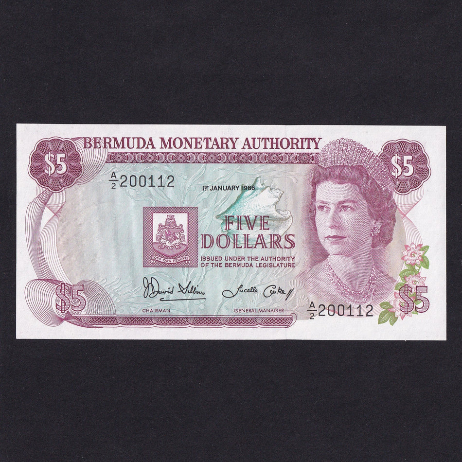 Bermuda (P29c) $5, 1st January 1986, Bermuda Monetary Authority, A/2 200112, signature 6 but note number 112 as this signature starts on 200000, UNC