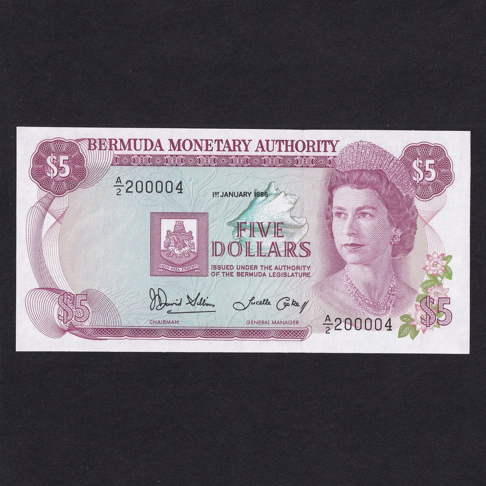 Bermuda (P29c) $5, 1st January 1986, Bermuda Monetary Authority, A/2 200004, signature 6 but note number 4 as this signature starts on 200000, UNC