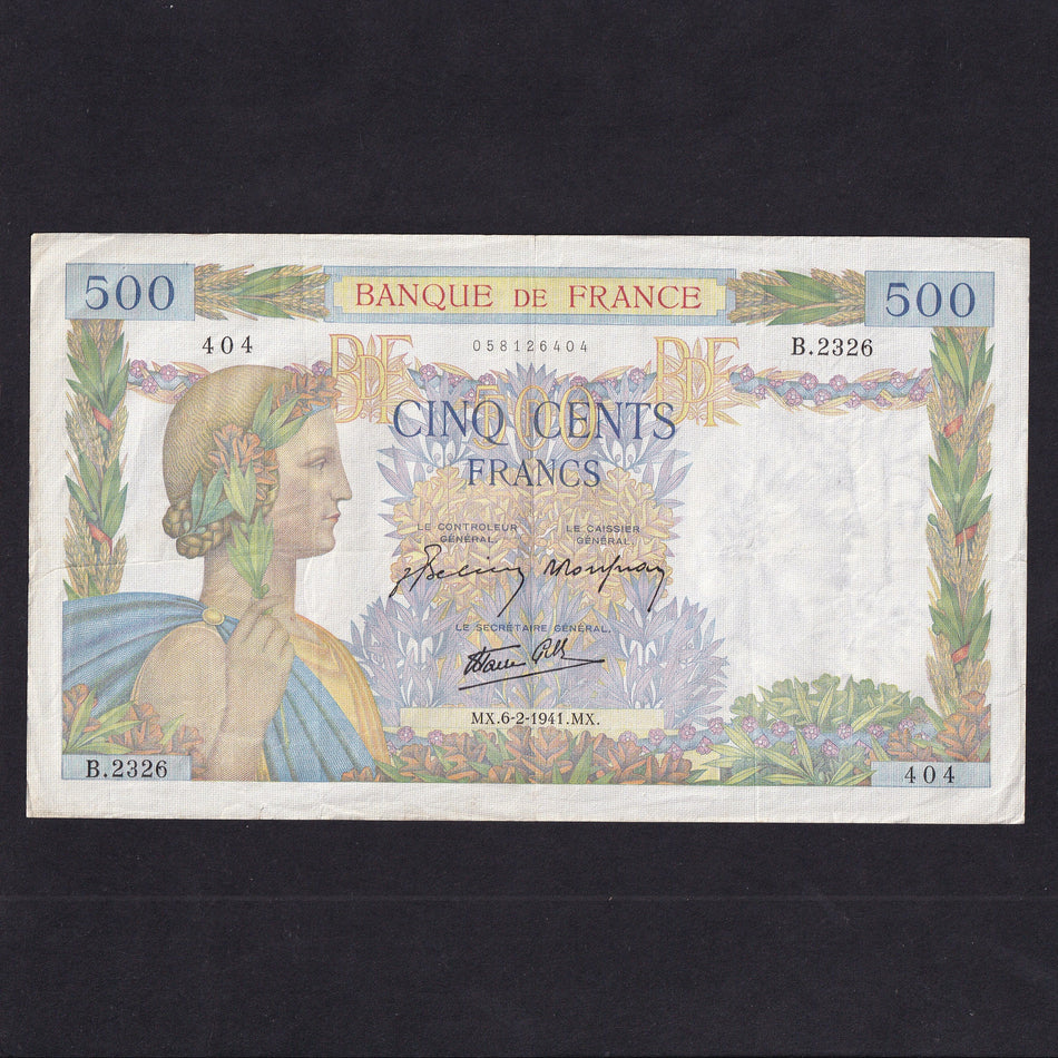France (P95b) 500 Francs, 6th February 1941, Fine/VF