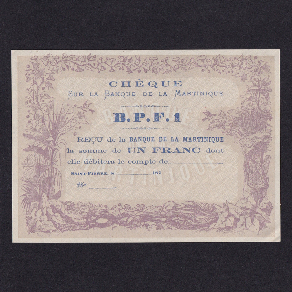 Martinique (P5A) 1 Franc, 187x, unissued, found on floor of bank after volcano erupted, A/UNC