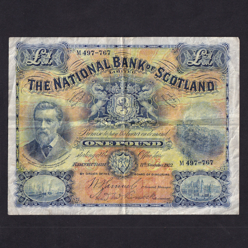 Scotland (P248b) National Bank of Scotland , £1, 11th November 1922, McKissock letter press signature, NA31, Good Fine