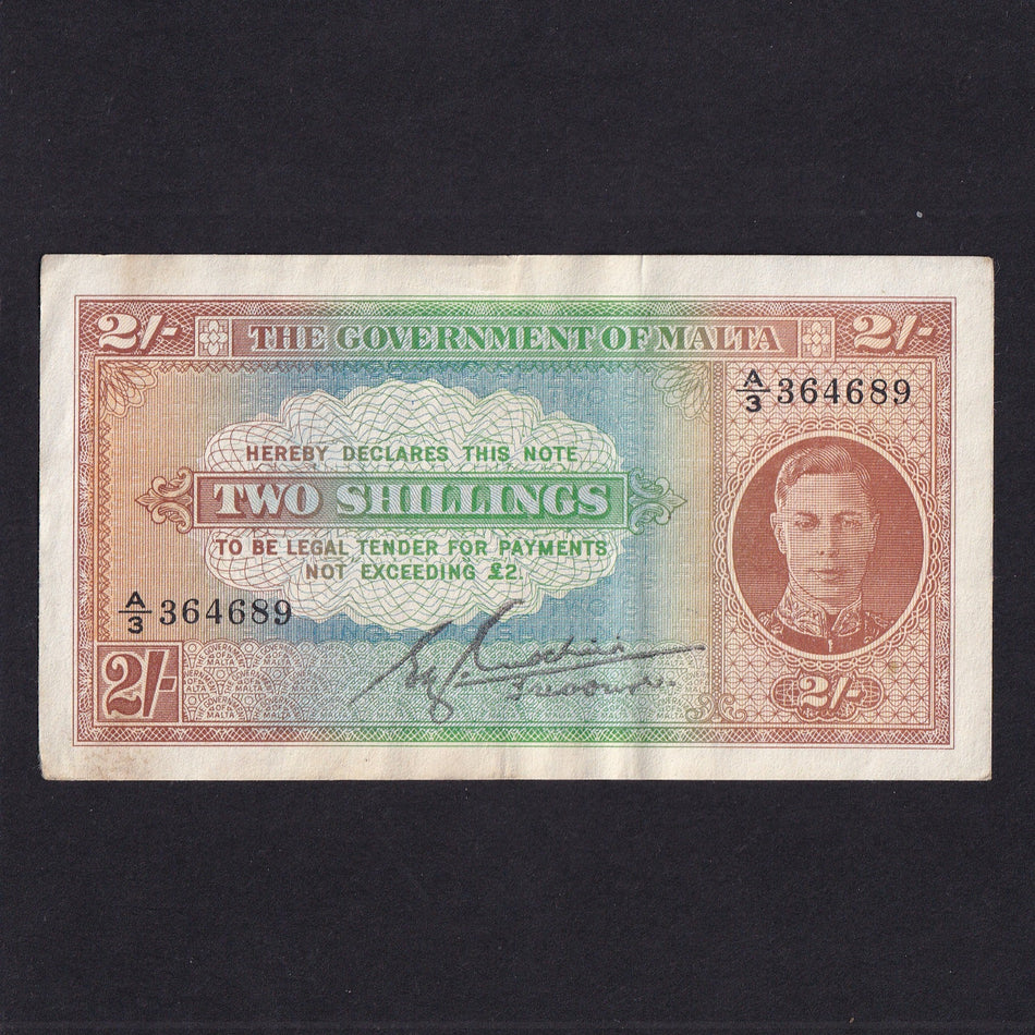 Malta (P17c) 2 Shillings, 1942, KGVI, A/3 but watermark of map of Malaya, rust, VF