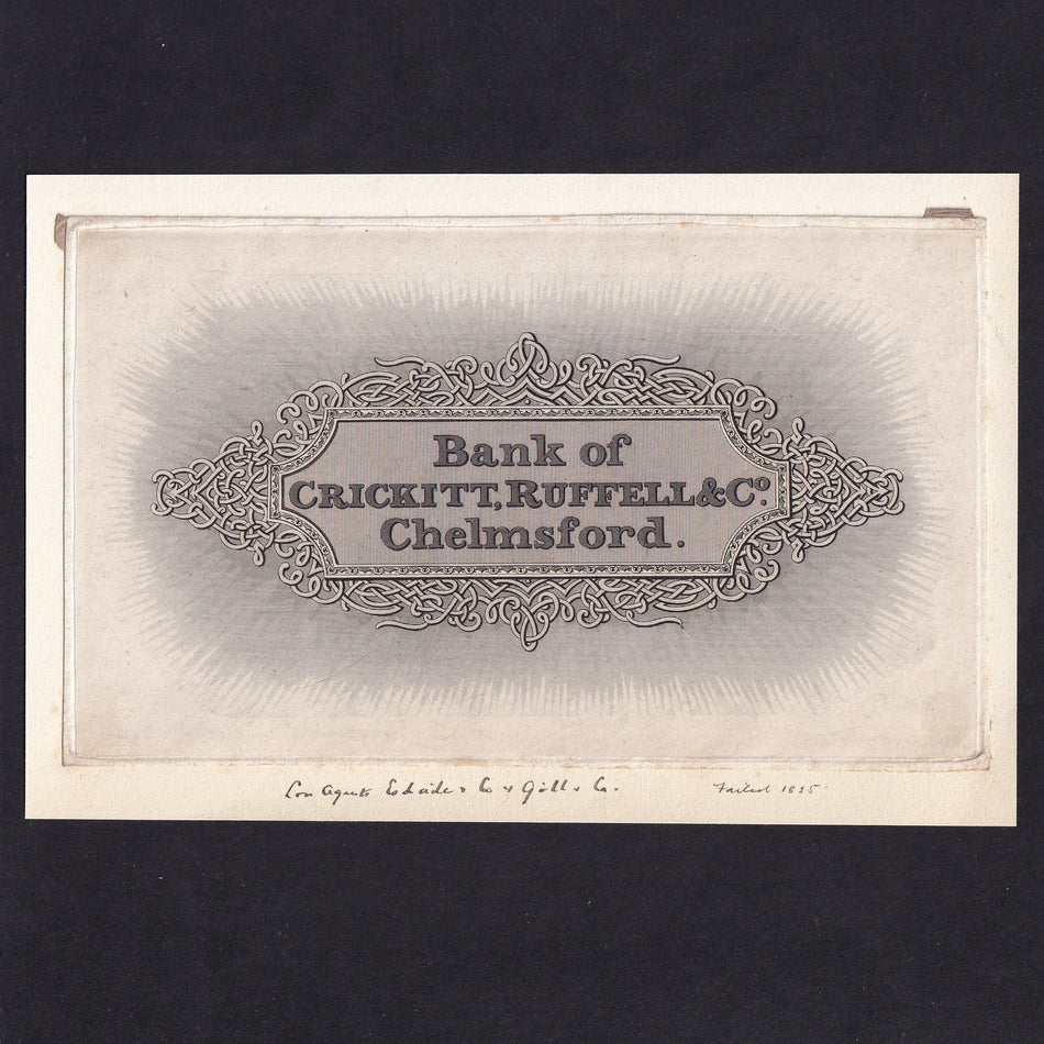 Provincial - Bank of Crickitt, Ruffell & Co., Chelmsford, reverse design on card, VF