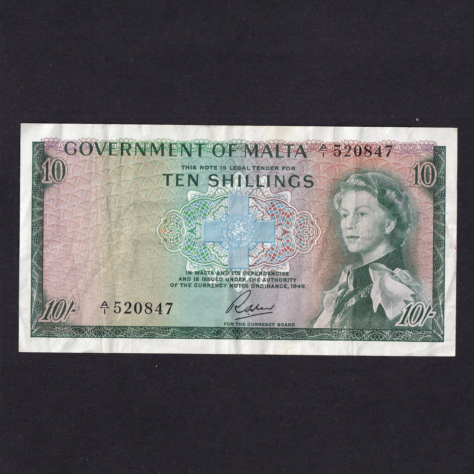 Malta (P25a) 10 Shillings, QEII, green, A/1 520847, slight rust, A/VF