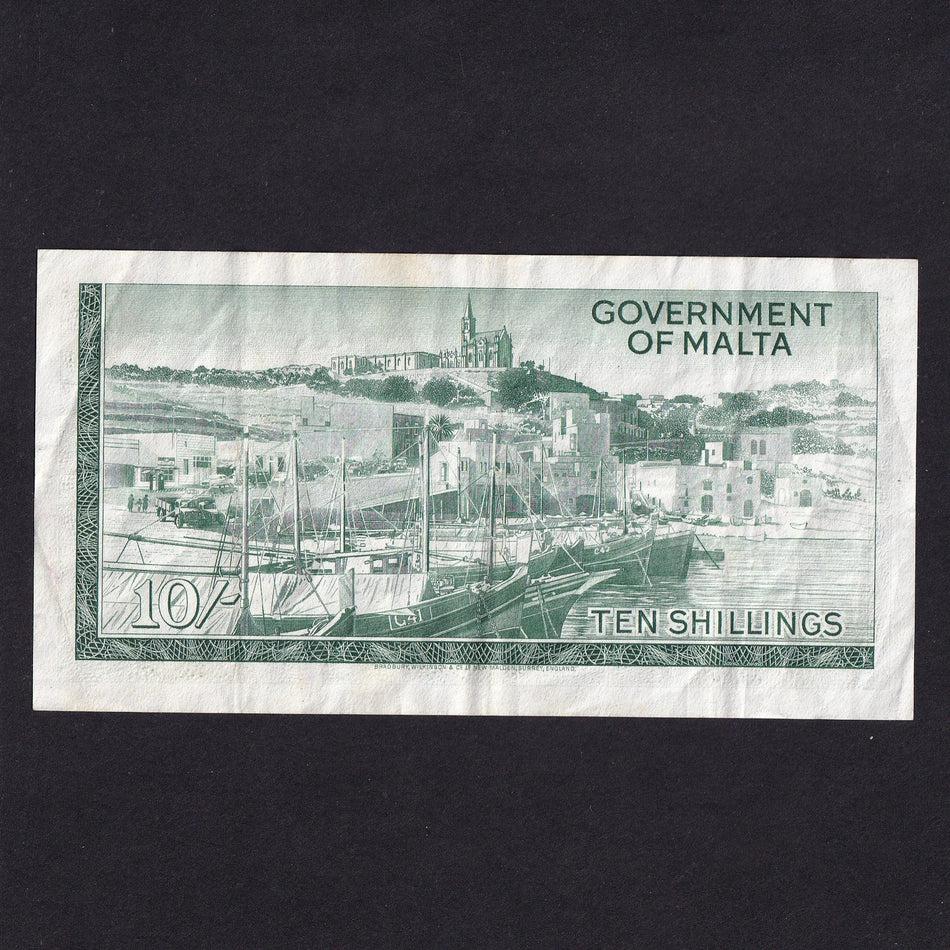 Malta (P25a) 10 Shillings, QEII, green, A/1 520847, slight rust, A/VF