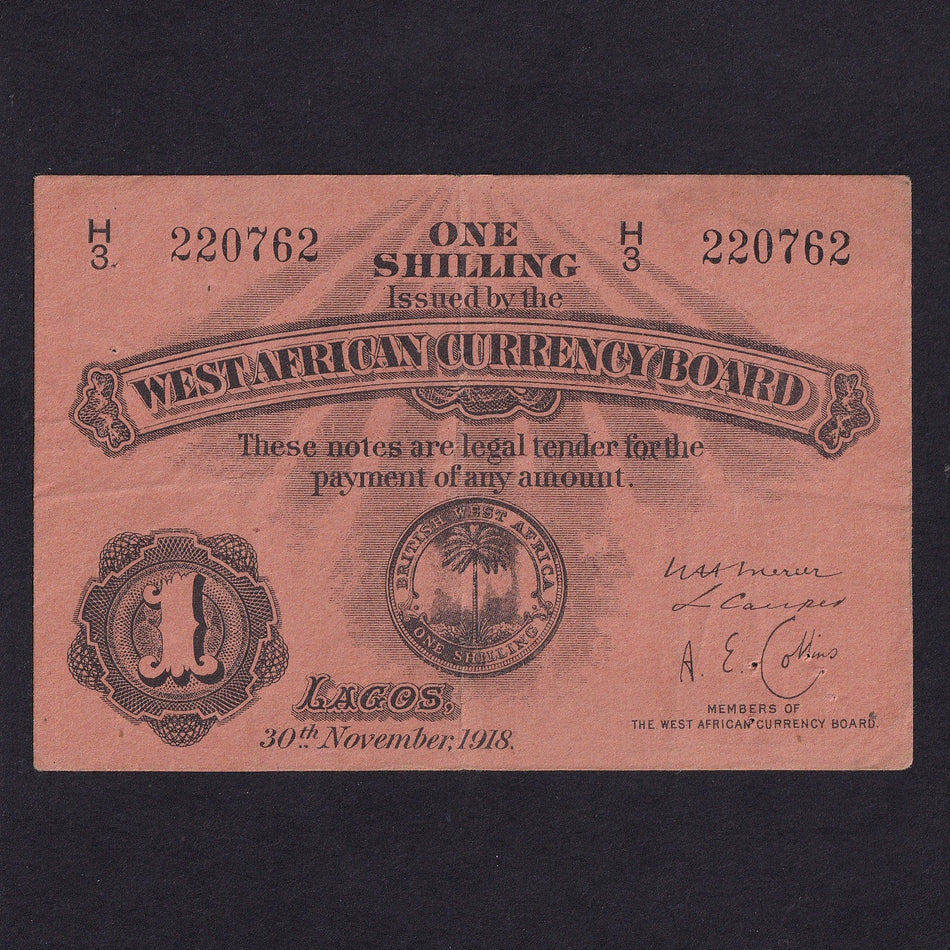British West Africa (P1a) West African Currency Board, 1 Shilling, 1918, H3 220762, pinholes, Fine