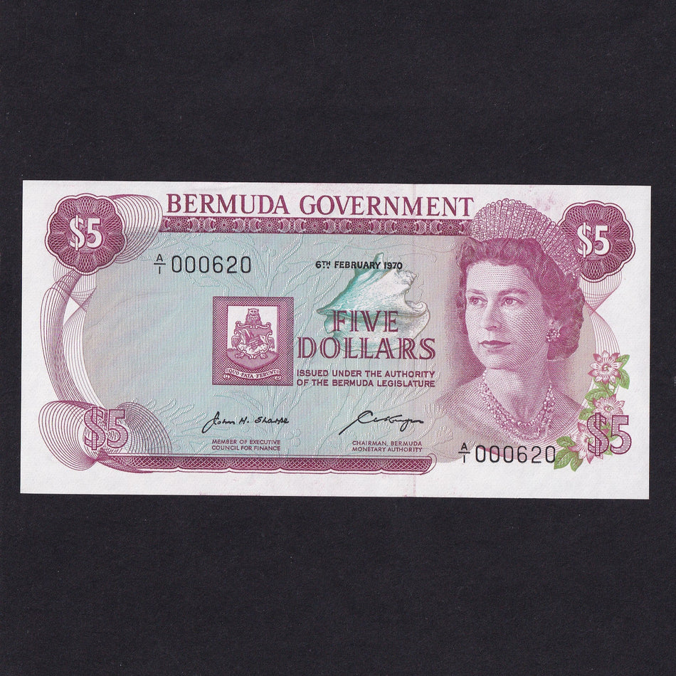 Bermuda (P24a) $5, 6th February 1970, A/1 000620, UNC