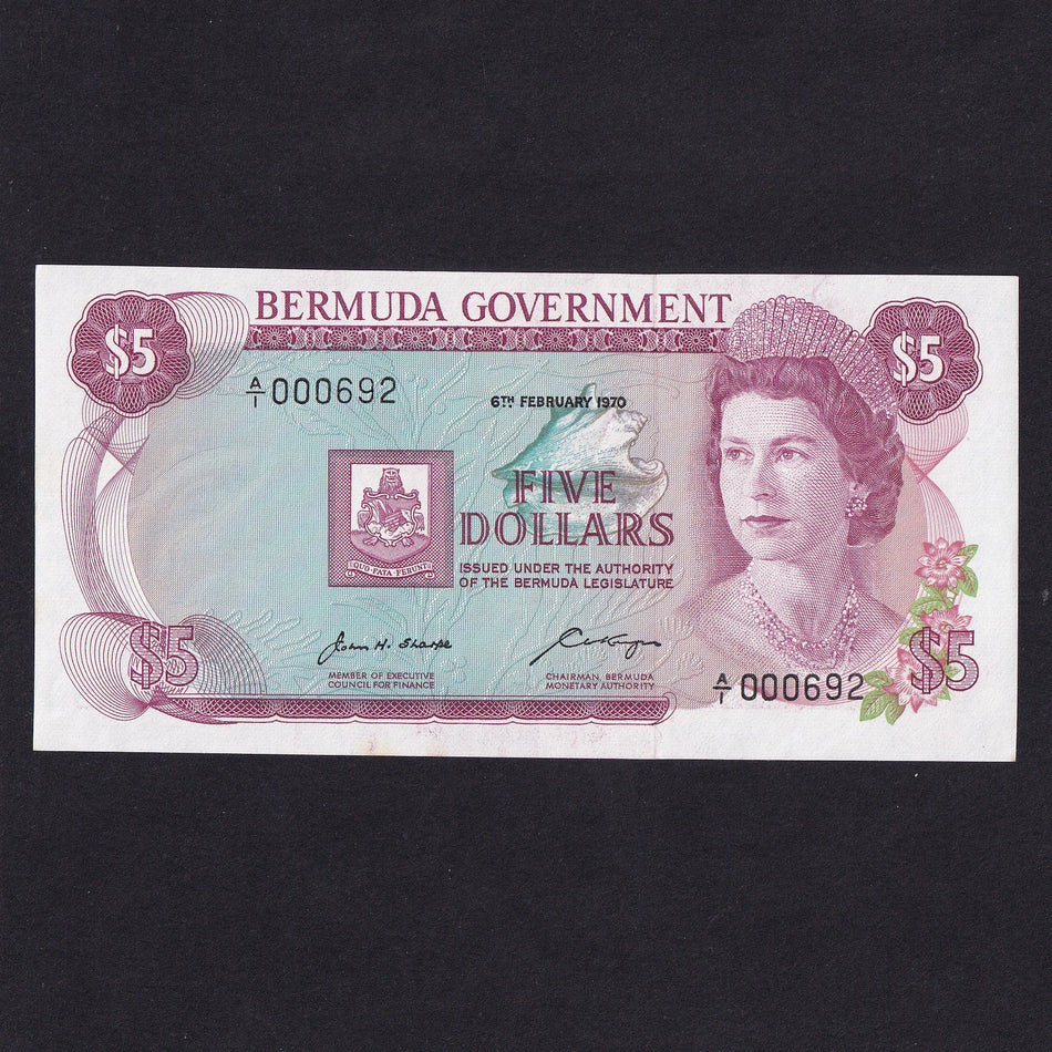 Bermuda (P24a) $5, 6th February 1970, A/1 000692, UNC