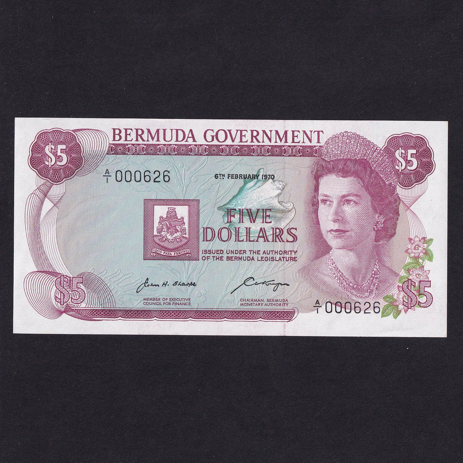 Bermuda (P24a) $5, 6th February 1970, A/1 000626, UNC