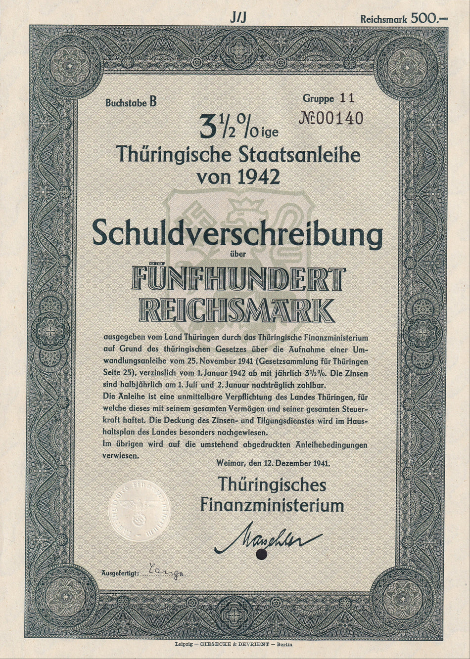 Germany, 500 Reichsmark Nazi bond, 1942, Thuringia