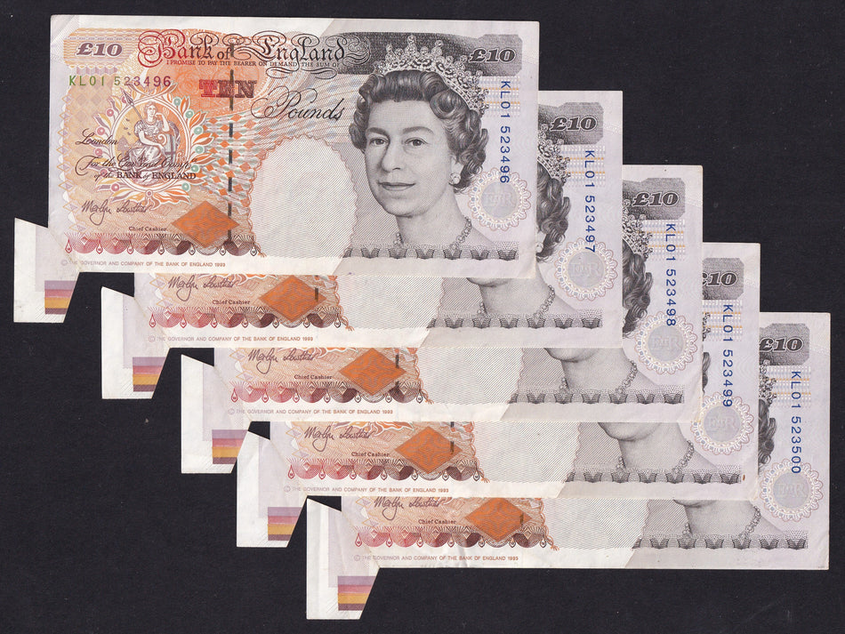 Bank of England (B382) five £10 error notes in sequence, extra paper, KL01 523496/7/8/9/10, EF+