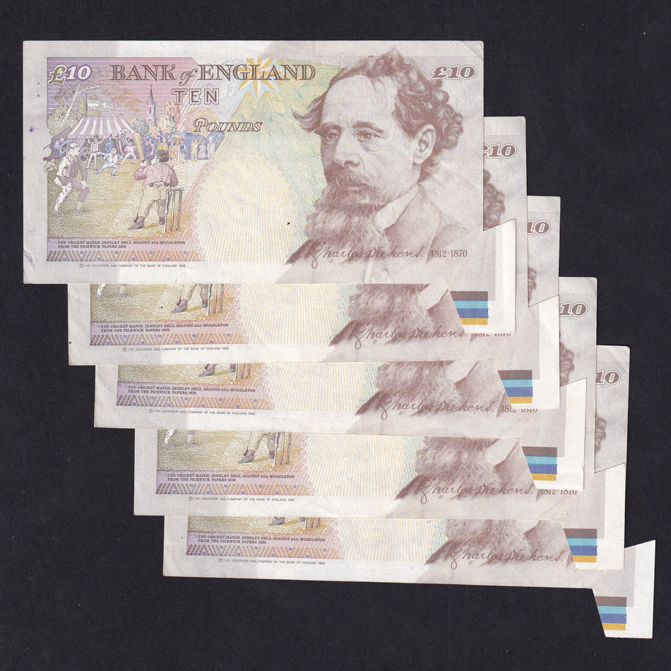 Bank of England (B382) five £10 error notes in sequence, extra paper, KL01 523496/7/8/9/10, EF+