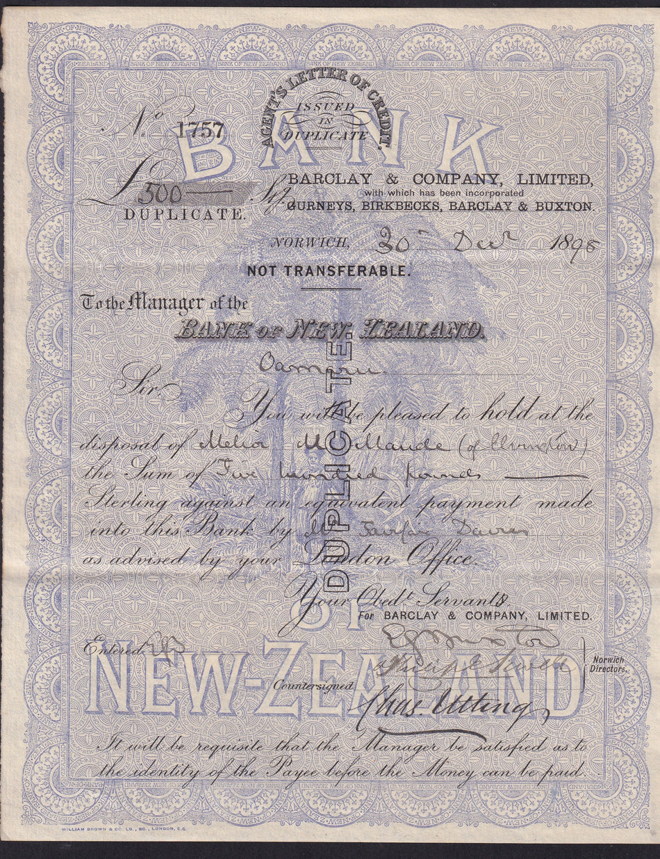 New Zealand, Bank of New Zealand, agents letter of credit £500, 1898, Fine