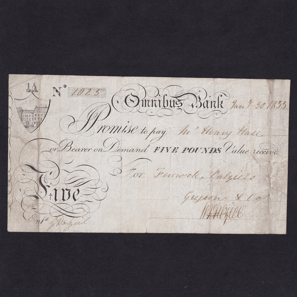 Omnibus Bank (skit note) £5, 1833, no.1025, Fine