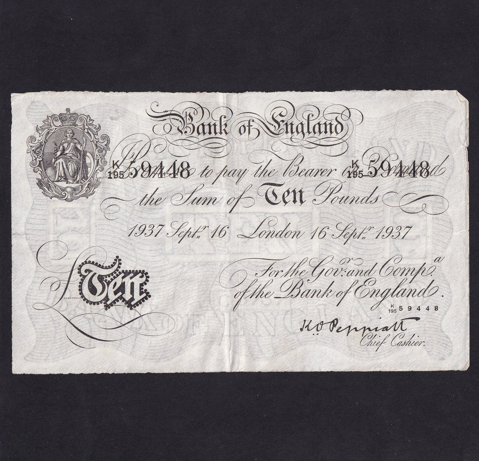 Operation Bernhard - Nazi forgery 1942-44, Peppiatt, £10, 16th September 1937, K195 59448, VF