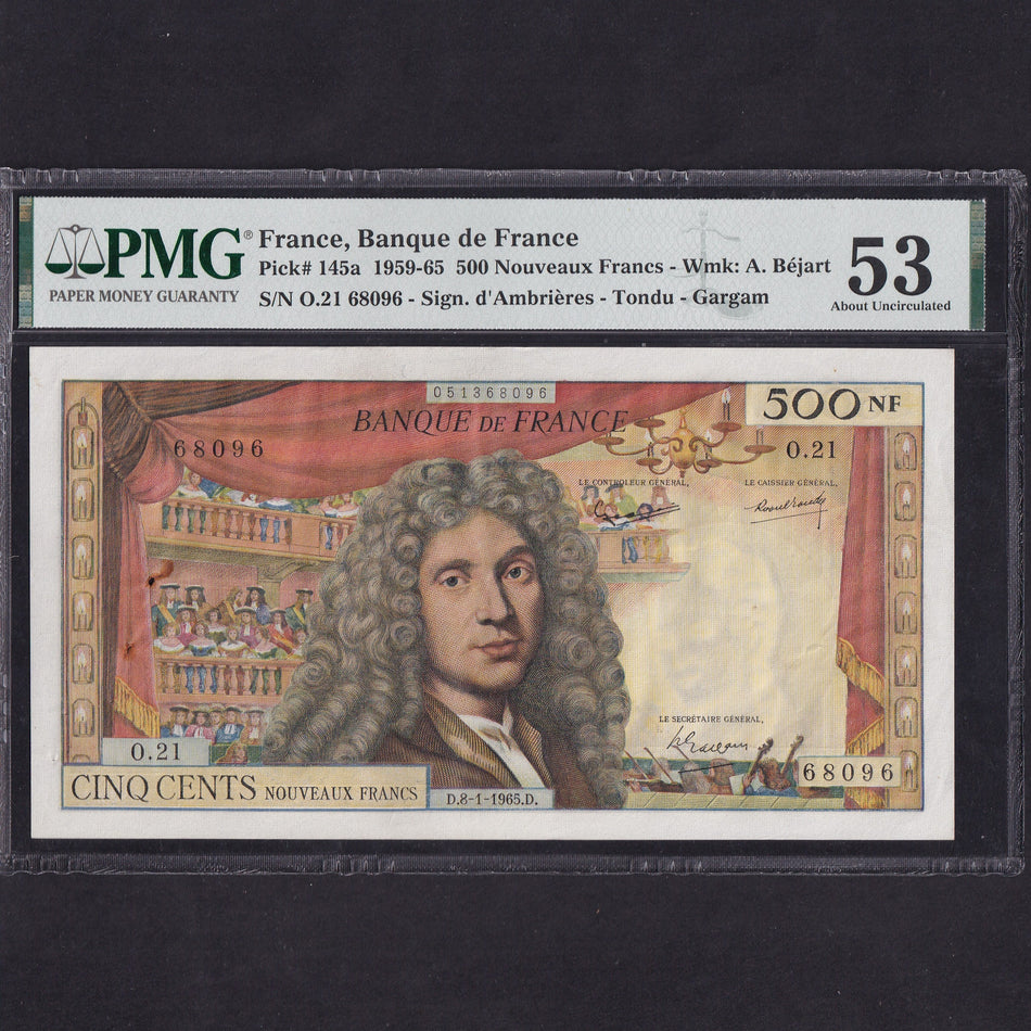 France (P145a) 500 NF, 1965, O.21 68096, staple hole, rust, PMG53, A/UNC