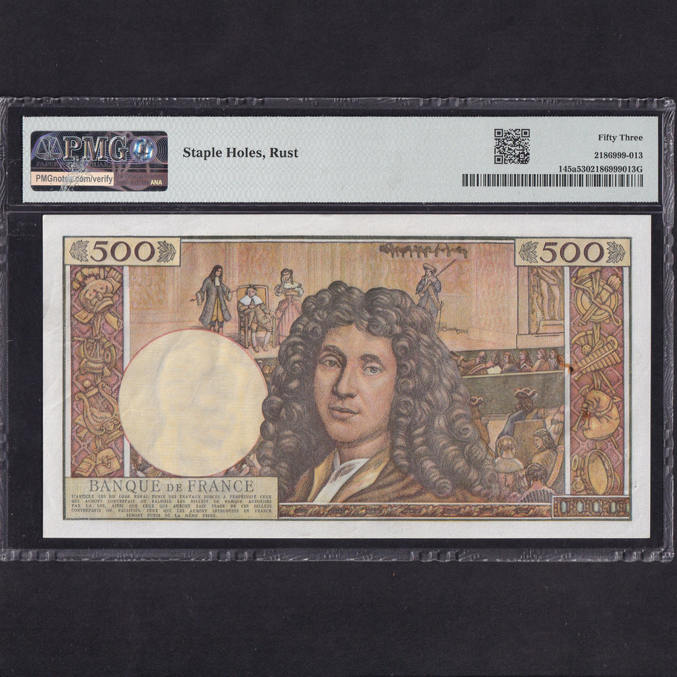 France (P145a) 500 NF, 1965, O.21 68096, staple hole, rust, PMG53, A/UNC