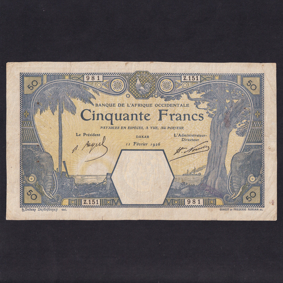 French West Africa (P9Bb) 50 Francs, 11th February 1926, Dakar, normal multiple pinholes, Fine