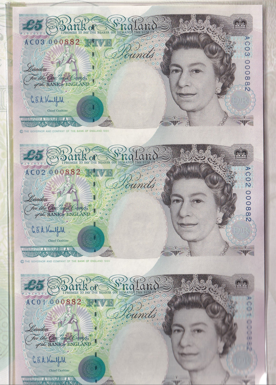 Bank of England (C108) Kentfield, £5 sheetlet, AC01, 02, 03 000882, UNC