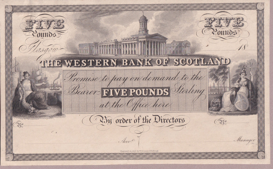 Scotland, Western Bank of Scotland, £5 obverse proof on card, 1840, Royal Exchange, WE2, VF