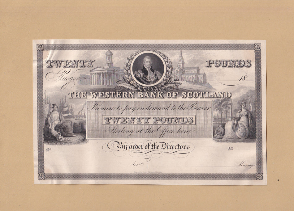 Scotland, Western Bank of Scotland, £20 obverse proof on card, William IV, WE4, VF