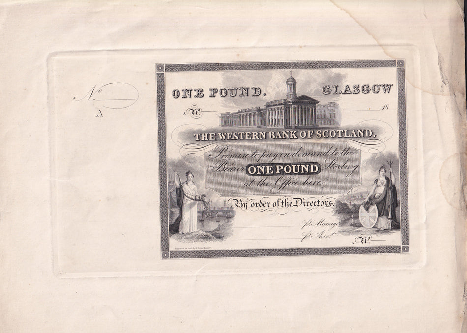 Scotland, Western Bank of Scotland, £1 obverse proof on card, 1831-2, some discolour, VF