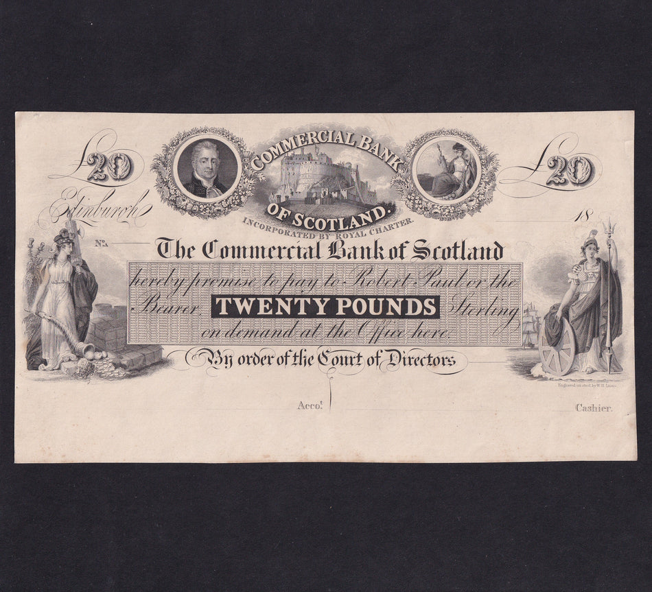 Scotland, Commercial Bank of Scotland, £20 obverse proof, 18xx, W. H. Lizars CO22 design unknown, Good VF