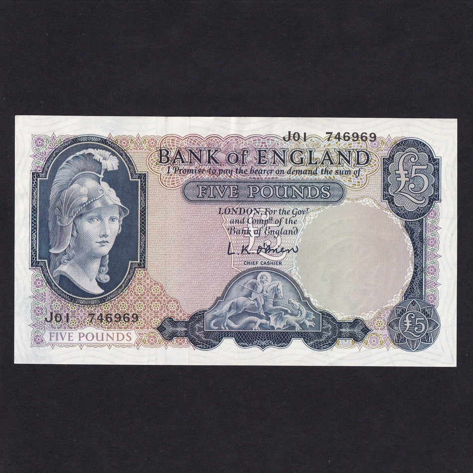 Bank of England (B280) O'Brien, £5, J01, first million of mid-prefix, EF