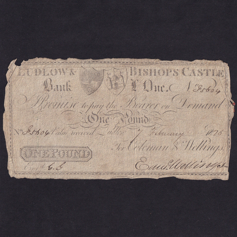 Provincial - Ludlow & Bishops Castle, £1, 1825, for Coleman & Wellings, Outing 1292b, VG