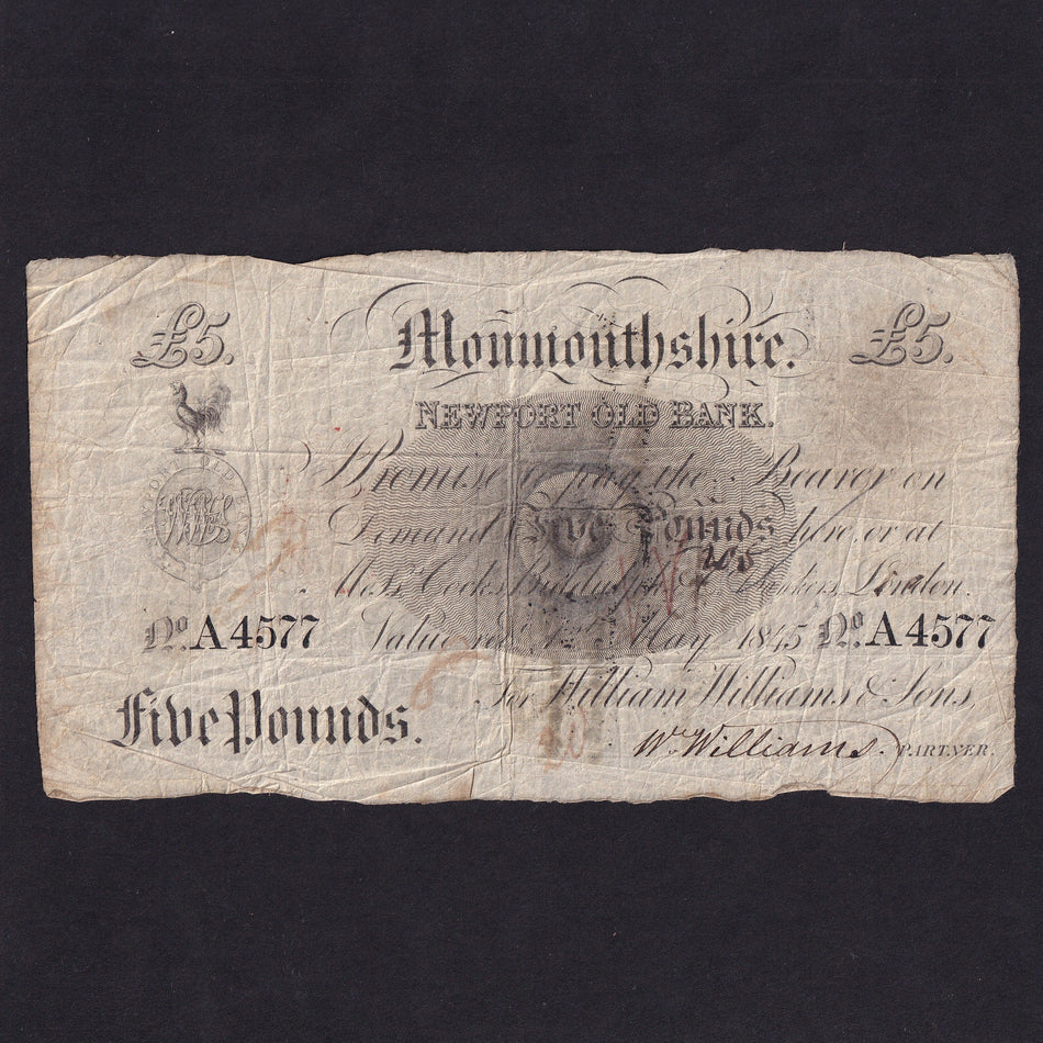 Provincial - Newport Old Bank, Monmouthshire, £5, 1845, for William, Williams & Sons, Outing 1544, pinholes, Fine