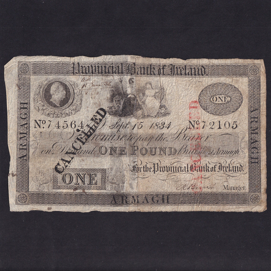 Ireland (P288) Provincial Bank of Ireland, £1, 1834, William IV, split and re-joined different halves, PR19, VG