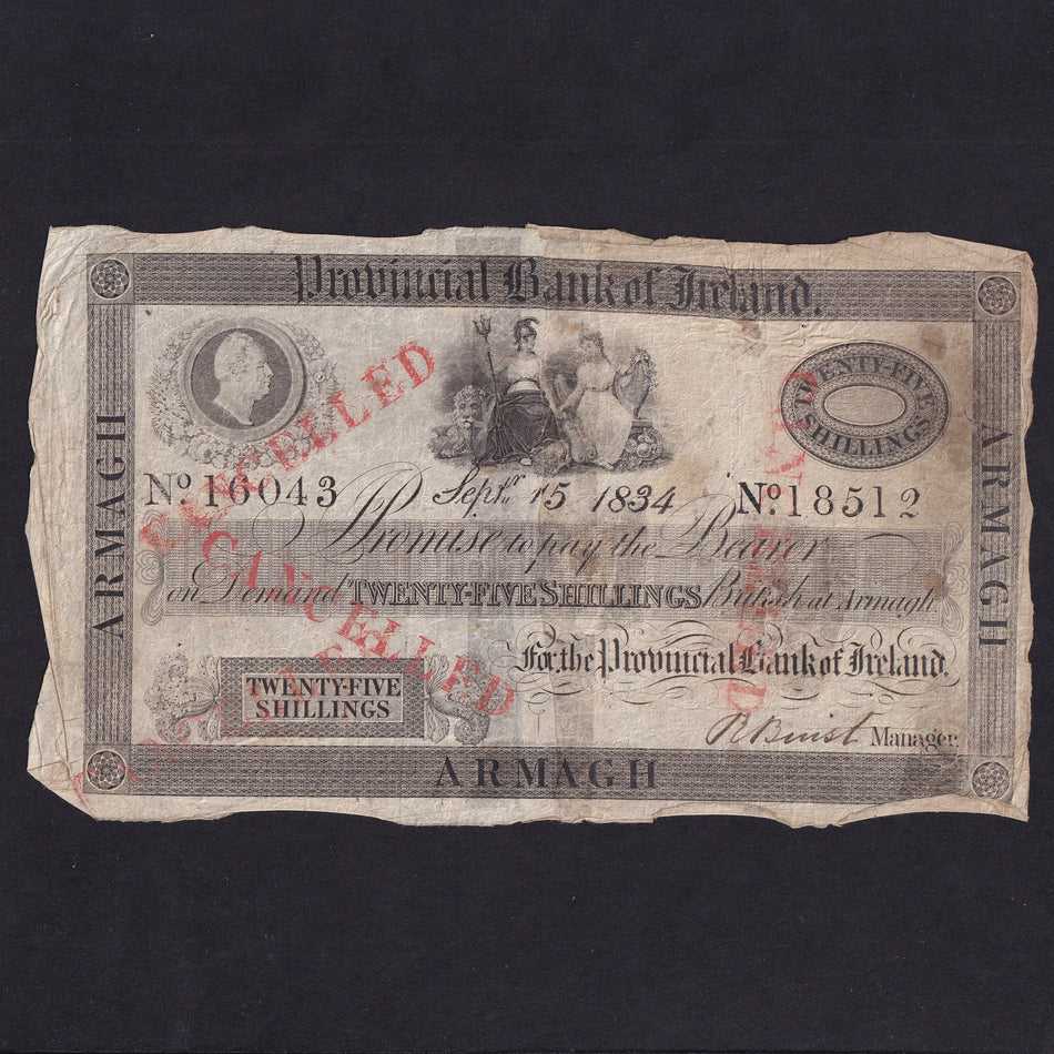 Ireland (P289a) Provincial Bank of Ireland, 25 Shillings, 1834, William IV, split and re-joined different halves, PR20, VG