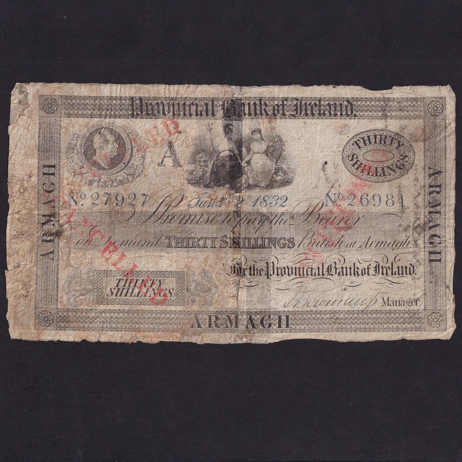 Ireland (P290) Provincial Bank of Ireland, 30 Shillings, 1832, William IV, PR21, split and re-joined different halves, VG