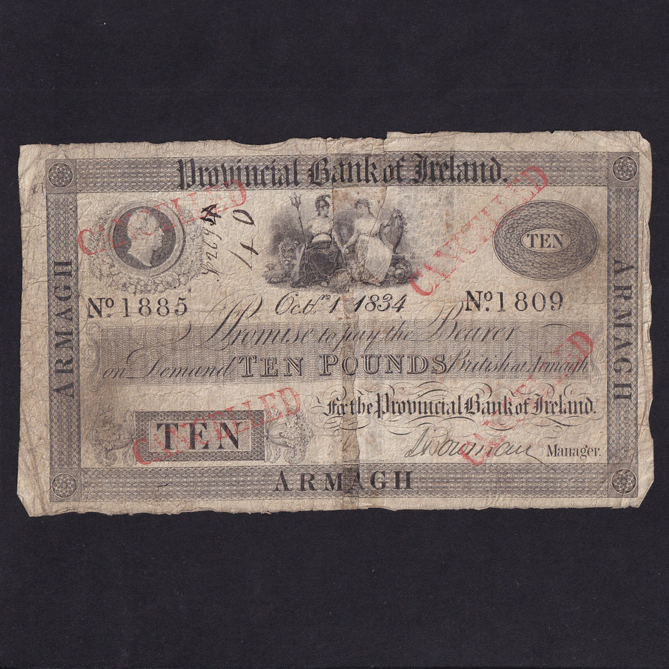 Ireland (P294) Provincial Bank of Ireland, £10, 1834, William IV, PR25, split and re-joined different halves, VG