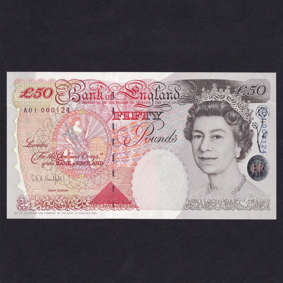 Bank of England (B377) Kentfield, £50, first million & superb low serial, A01 000124, UNC