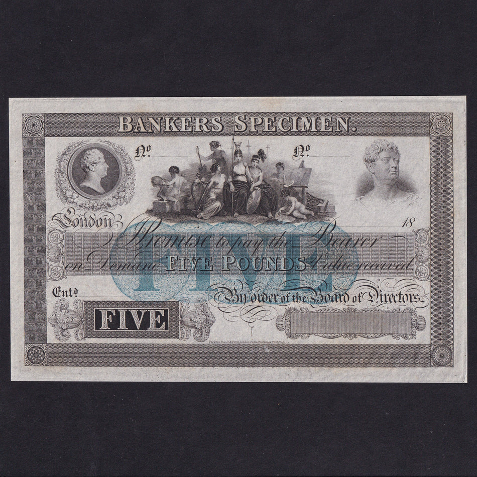 Perkins, Bacon & Petch £5 Bankers Specimen, 1830s, with blue FIVE in underprint, George IV, EF