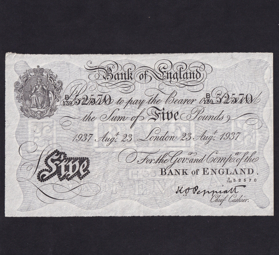Operation Bernhard - Nazi forgery 1942-44, Peppiatt, £5, 23rd August 1937, B139 52570, EF but has small white spots, would suggest it has been in water with other notes