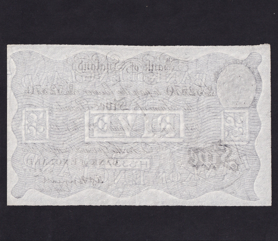 Operation Bernhard - Nazi forgery 1942-44, Peppiatt, £5, 23rd August 1937, B139 52570, EF but has small white spots, would suggest it has been in water with other notes