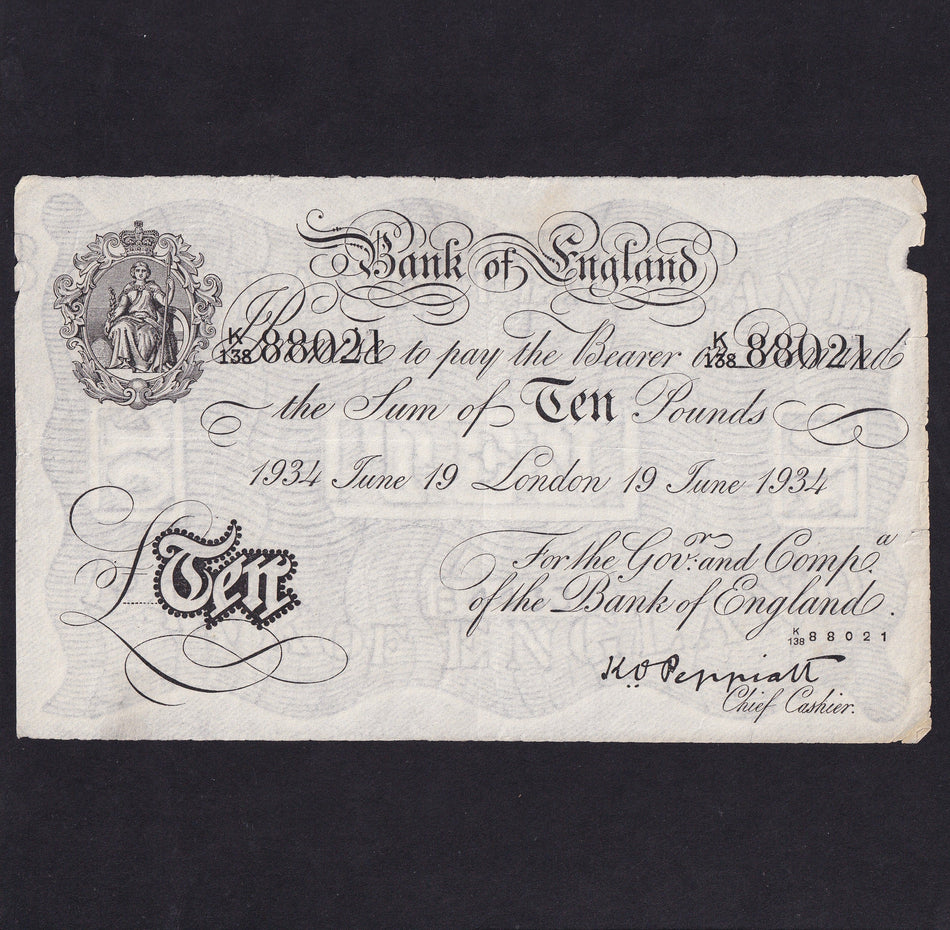 Operation Bernhard - Nazi forgery 1942-44, Peppiatt, £10, 19th June 1934, K138 88021, Fine/ VF
