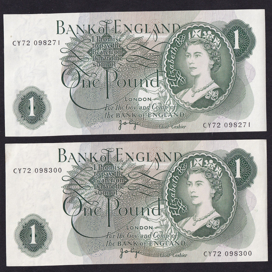 Bank of England (B322) Page, bundle of 100 £1 notes, CY72 098201 - 098300, but sequence broken with 3 MS48 replacement notes, A/UNC
