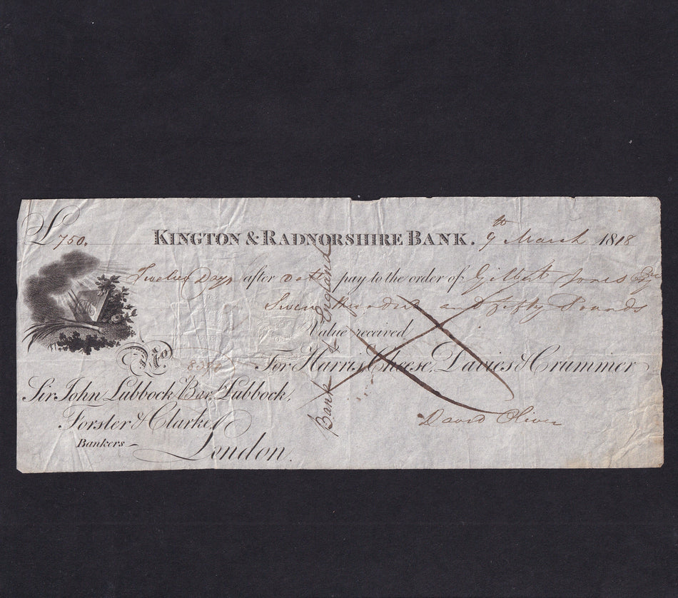 Provincial - Kington & Radnorshire Bank, twelve days after date, 9th March 1818, for Harris, Cheese, Davies & Crummer, Outing type 1078, Fine