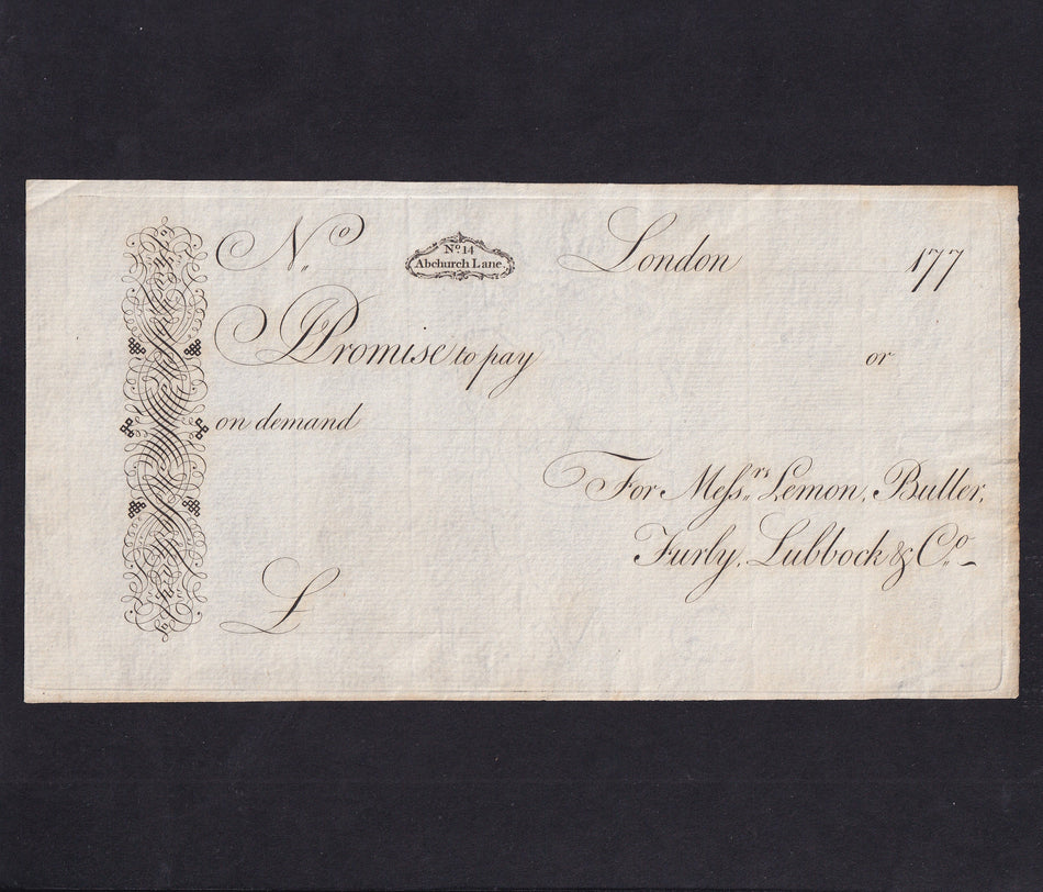 Provincial - unissued, for Lemon, Buller, Furley, Lubbock & Co., 1770s, No.14 Abchurch Lane, one of the few London banks, Outing 2695, Good EF