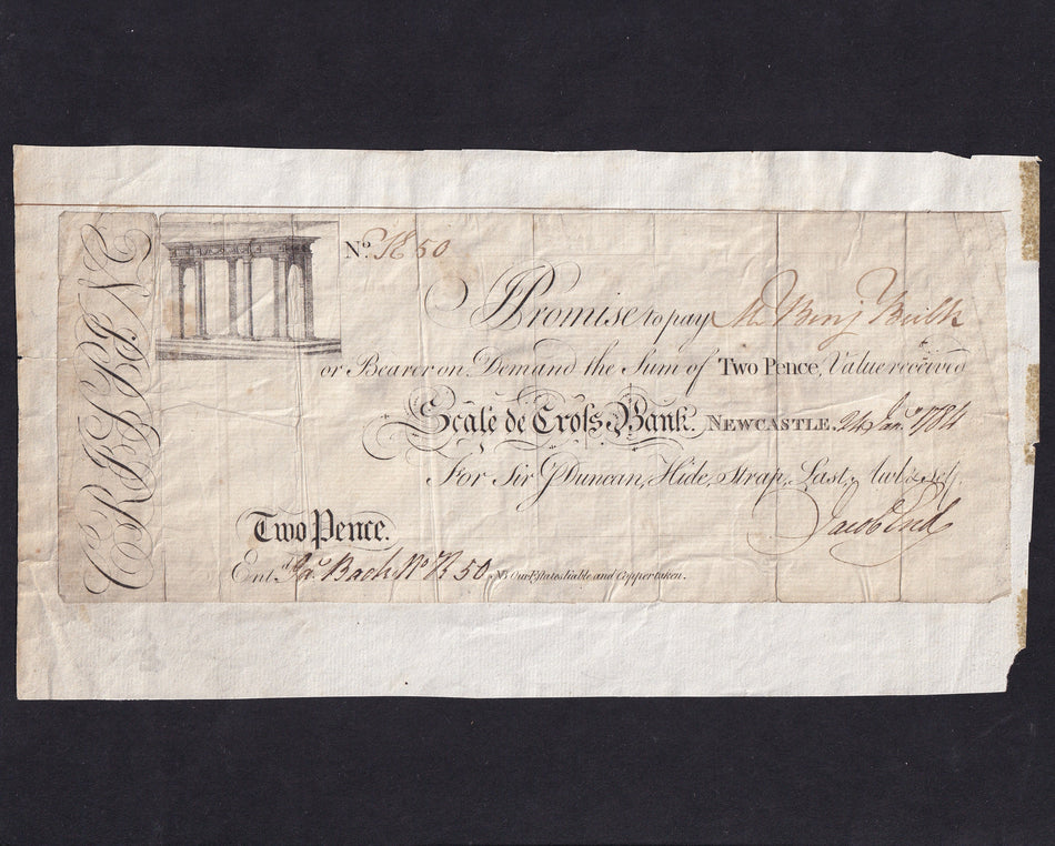Skit note- Scale-de-Cross Bank, Two Pence, 1784, Outing 4068, stuck to paper, VG