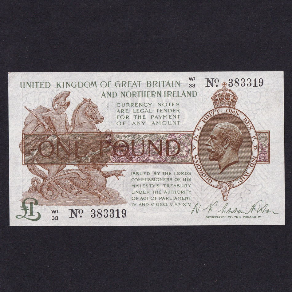 Treasury Series (T35) Fisher, £1, Northern Ireland, W1/33 383319, square dot, serial number indents on revers, handstamp on reverse, Good EF