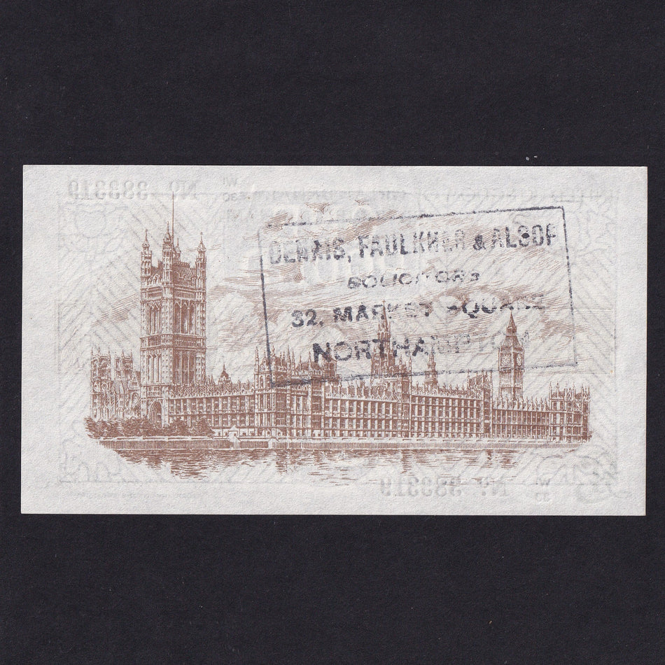 Treasury Series (T35) Fisher, £1, Northern Ireland, W1/33 383319, square dot, serial number indents on revers, handstamp on reverse, Good EF