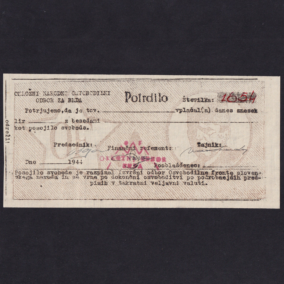 Yugoslavia (PS153) 50 Lire WWII Partisan Note, 1944, Tito at left, Liberation Ctte for BRDA, no.1654, A/UNC