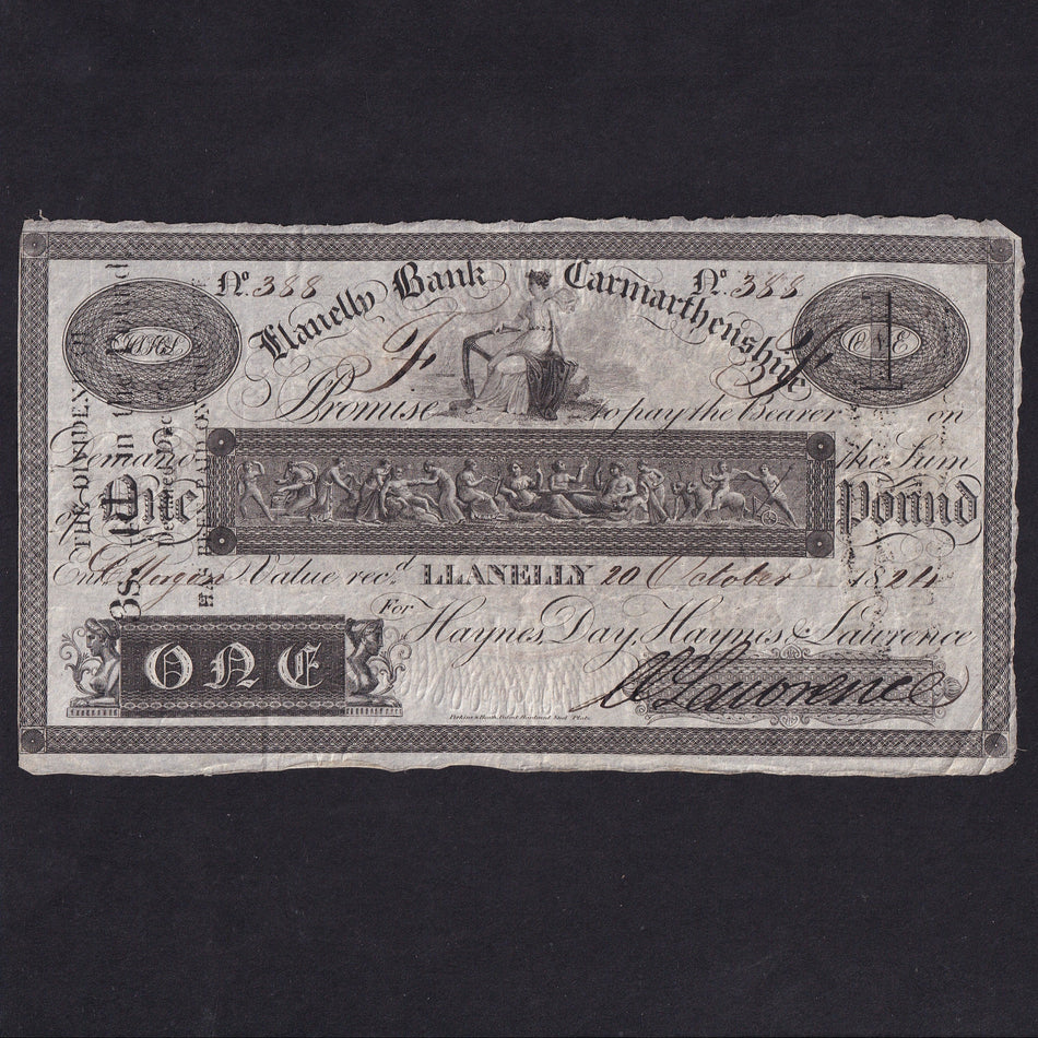 Provincial - Llanelly Bank, Carmarthenshire, £1, 1824, no.388, for Haynes, Day etc., Outing 1266b, pinholes, A/VF